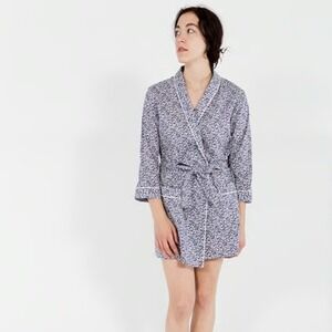Sleepy Jones Louise Navy Floral Short Robe Womens XL Lightweight Cotton Belted